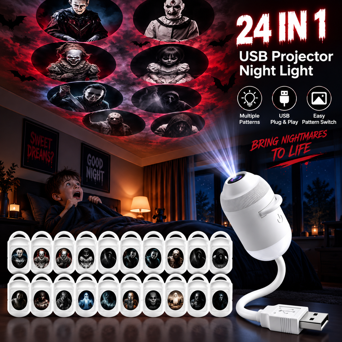 Halloween 2-in-1 Projection Night Light, 360° Adjustable USB Projector Lamp with Interchangeable Spooky Films, Touch Control for Bedroom, Party, Hallway & Parked Car Decor