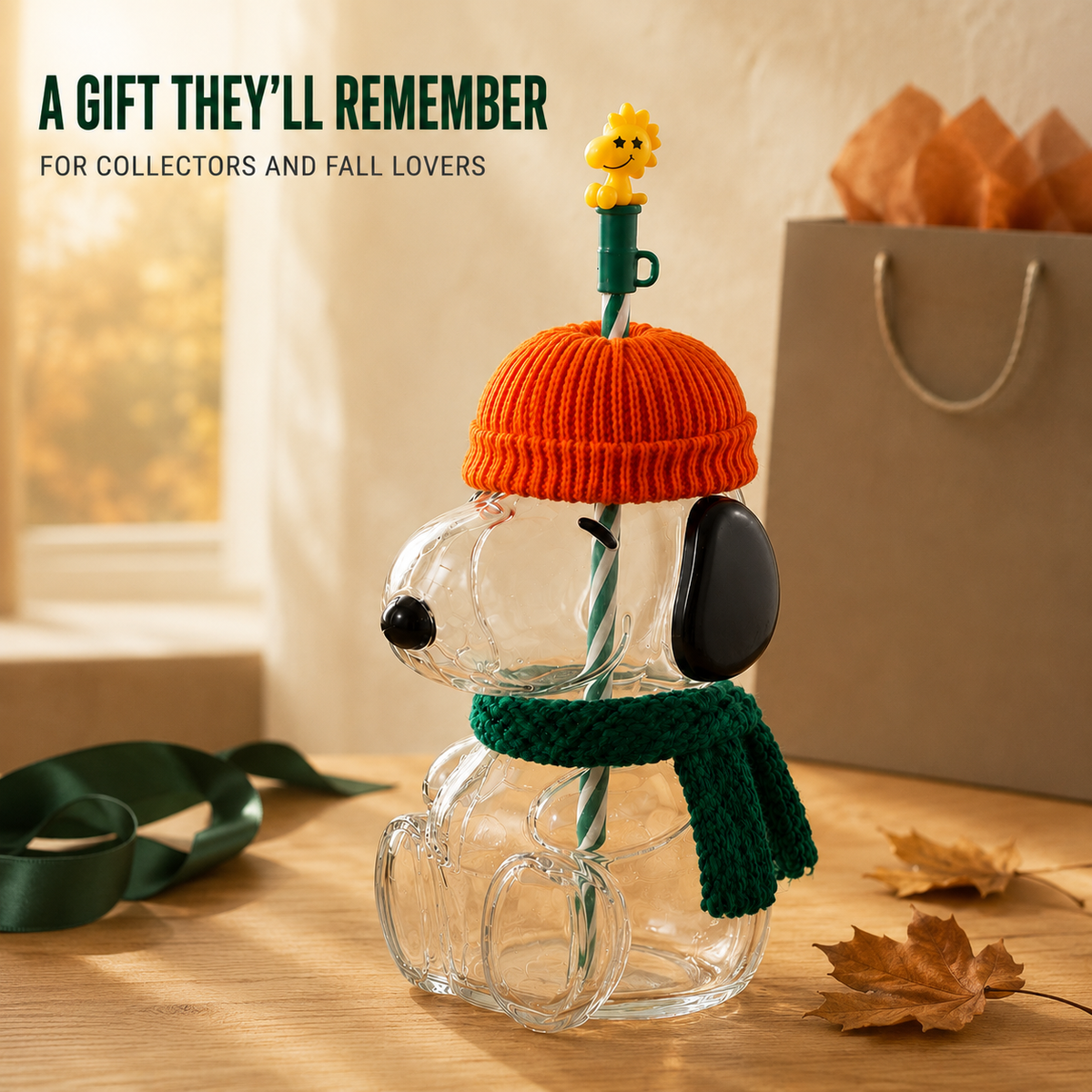 🍂 Cozy Beagle-Shaped Glass Cold Cup with Straw & Cozy Fall Knit Accents(Direct From a Starbucks Supplier)