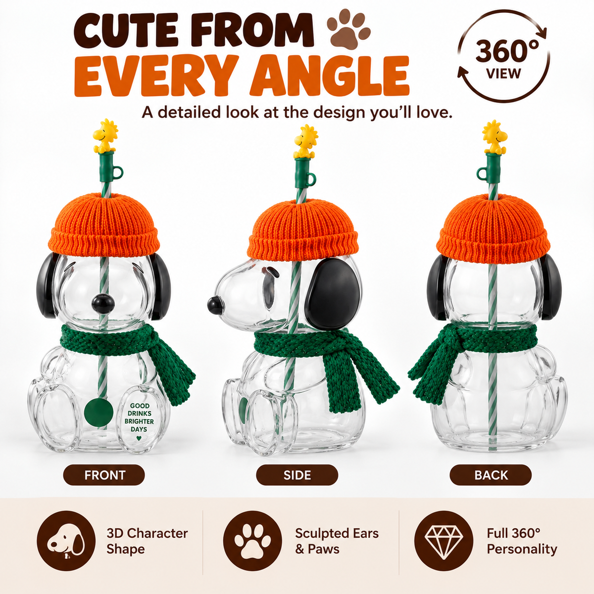 🍂 Cozy Beagle-Shaped Glass Cold Cup with Straw & Cozy Fall Knit Accents（Direct From a Starbucks Supplier）