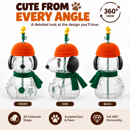🍂 Cozy Beagle-Shaped Glass Cold Cup with Straw & Cozy Fall Knit Accents（Direct From a Starbucks Supplier）
