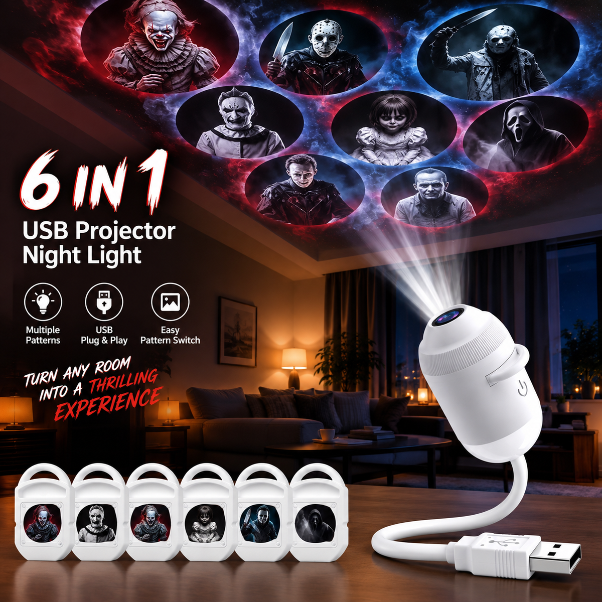 Halloween 2-in-1 Projection Night Light, 360° Adjustable USB Projector Lamp with Interchangeable Spooky Films, Touch Control for Bedroom, Party, Hallway & Parked Car Decor