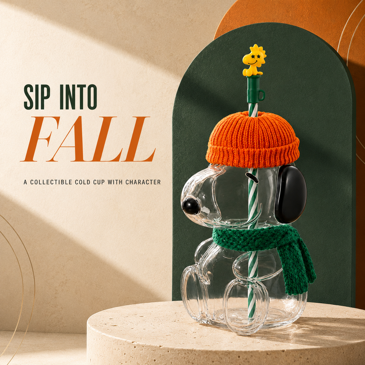 🍂 Cozy Beagle-Shaped Glass Cold Cup with Straw & Cozy Fall Knit Accents（Direct From a Starbucks Supplier）