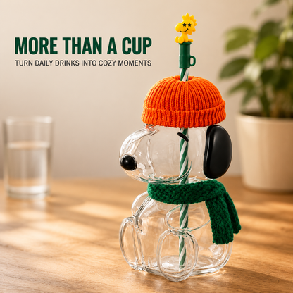 🍂 Cozy Beagle-Shaped Glass Cold Cup with Straw & Cozy Fall Knit Accents（Direct From a Starbucks Supplier）