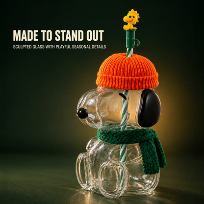 🍂 Cozy Beagle-Shaped Glass Cold Cup with Straw & Cozy Fall Knit Accents（Direct From a Starbucks Supplier）