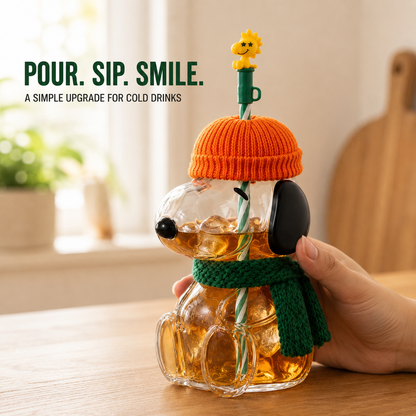 🍂 Cozy Beagle-Shaped Glass Cold Cup with Straw & Cozy Fall Knit Accents（Direct From a Starbucks Supplier）