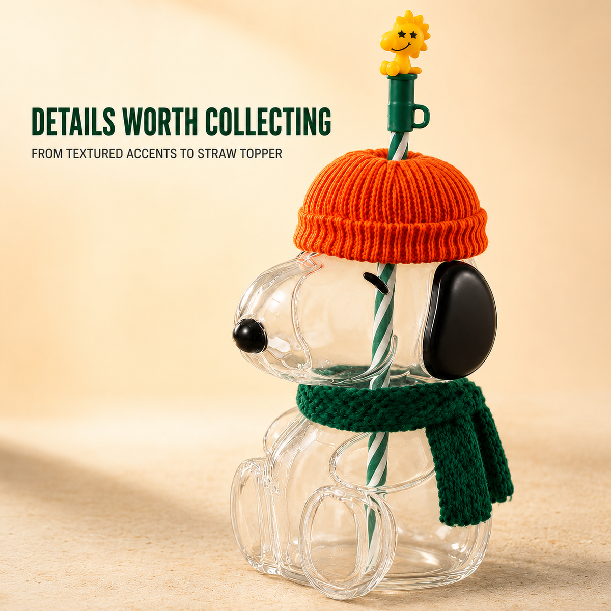 🍂 Cozy Beagle-Shaped Glass Cold Cup with Straw & Cozy Fall Knit Accents（Direct From a Starbucks Supplier）