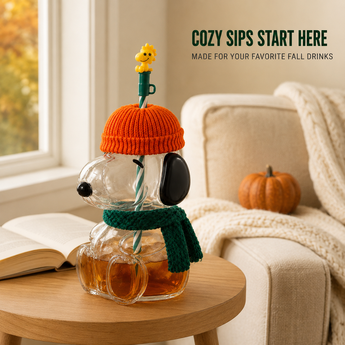 🍂 Cozy Beagle-Shaped Glass Cold Cup with Straw & Cozy Fall Knit Accents（Direct From a Starbucks Supplier）