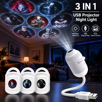 Halloween 2-in-1 Projection Night Light, 360° Adjustable USB Projector Lamp with Interchangeable Spooky Films, Touch Control for Bedroom, Party, Hallway & Parked Car Decor
